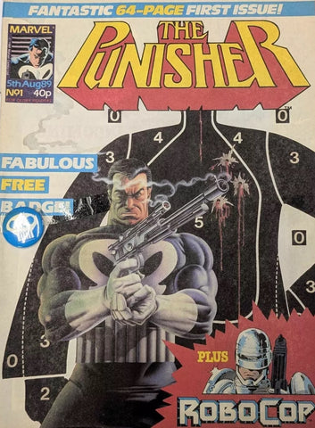 The Punisher #1 - Marvel / British - 1989 - Original Free Badge taped to cover